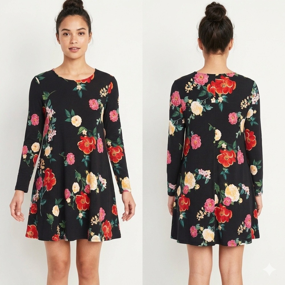 Old Navy Floral‎ Long Sleeve Swing Mini Dress XS Black NWT Spring Cottagecore
